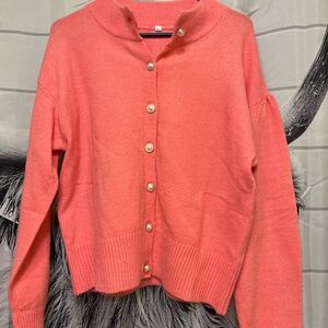 Women's pink faux pearl Button-Up Sweater